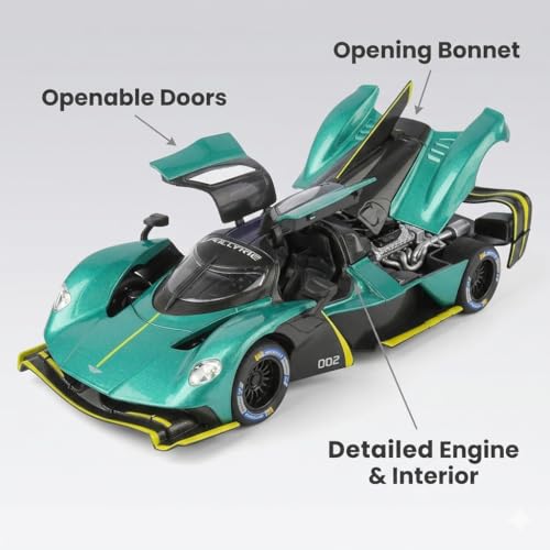 Image of Aston Martin Valkyrie 1:24 Scale Die-Cast Car Model Teal - Detachable Engine Cover Sound Light Pull-Back Alloy Collectible Hypercar Toy