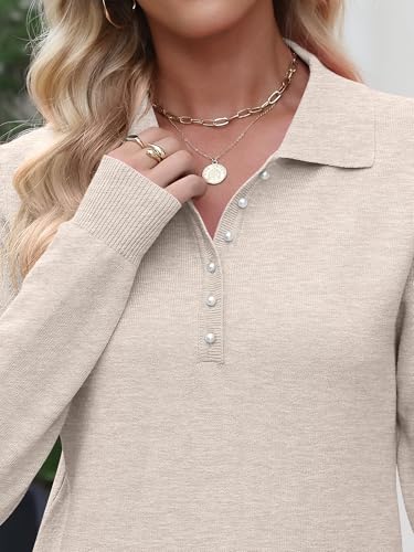 ANRABESS Long Sleeve Polo Sweaters for Women Pearl Button Almond L | Business Casual Work Office Pullover Tops, Basic Lightweight Comfy Knit, Fall Fashion Winter Layer Clothes - image 6