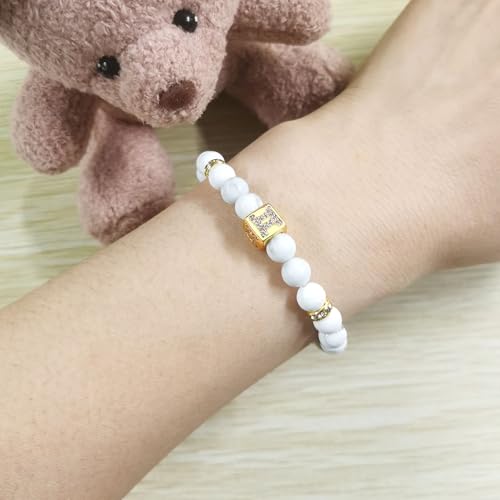 Image of Inlaid Zircon 12 Constellation Adjustable Stretch Bracelet - 6mm Frosted White Turquoise Beaded Bracelets for Women Men SJYA4647