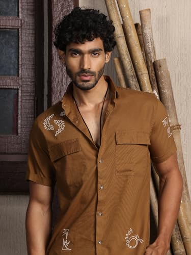 Image of Thomas Scott Men's | Embroidered Printed | Half Sleeve | Regular Fit | 100% Cotton | Double Pocket | Spread Collar | Casual Shirt