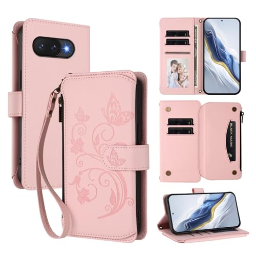 Étui pour Google Pixel 10 Pro rose avec rabat magnétique et fermeture éclair