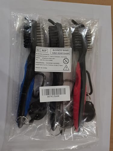 Foto von Dadabig 3 Stück Golf Bürste, Golfschläger Reinigungsbürste Groove Cleaner Dual Sided Nylon & Edelstahl Bürste Set mit Aluminium Karabiner für Schlägerflächen Rillen Golftasche Schuh (Schwarz/Blau/Rot)