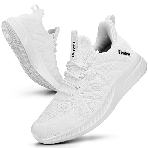 Feethit Running Shoes for Women Non Slip Walking Tennis Shoes Slip on Work Gym Fashion Sneakers White 10.5