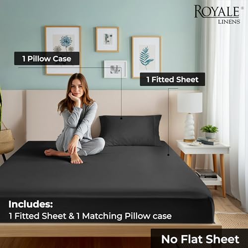 Image of Royale Linens Fitted Sheet With Pillowcase - Twin Fitted Sheets With 1 Pillowcase - 300 Thread Count 100% Organic Cotton - Fit Mattress Up to 18 inch Deep - Ultra Soft & Breathable - Black (No Flat Sheet)
