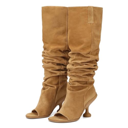 ZJGZF Knee High Boots Suede Leather Tall Boots for Women Open Peep Toe Kitten Heeled Long Boot Round Toe Wide Calf Wedge Fashion Boot