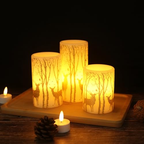 Image of Gold Deer Flameless Candles with 6H Timer, Set of 3 Real Wax LED Flickering Candles, Christmas Pillar Candles with Gold Elk Decor for Home Party Decorations(H6 x D3)