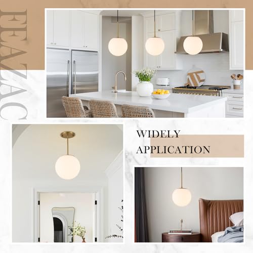FEAZAC Milk Globe Pendant Light, Mid Century Modern Ceiling Hanging Lights Fixture with Height Adjustable, Brass Gold Pendant Lighting for Kitchen Island, Hallway, Dining Room, Living Room (1 Pack) by FEAZAC - Used condition - Image 6