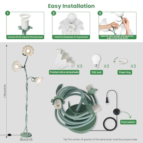 Vintage 3 Heads Flower Floor Lamp for Living Room,3 Color Modes LED Modern Corner Standing Lamp with Goosenecks, Bright Tall Cute Dimmable Lamp for Kids Reading Girls' Bedroom Office Home Decor(Green)