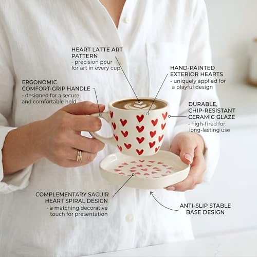 Image of Heart Print Ceramic Coffee Mug and Saucer Set of 2 - Aesthetic Tea Cup, Cute Coffee Mugs for Cafe, Cups & Mugs, Best Gift for Couples and Friends 250 Ml