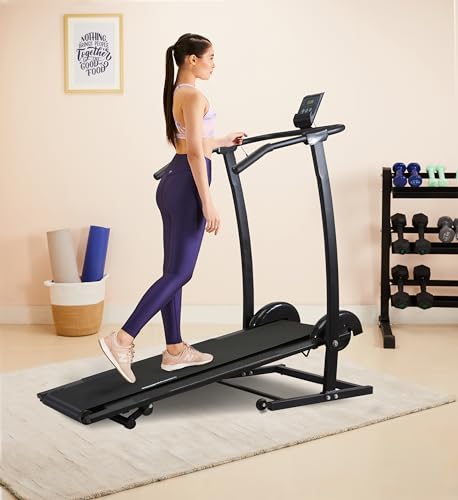 Image of amazon basics Smart Foldable Manual Treadmill with Wheels, 3 Level Incline, LCD Display with Heart Sensors, Max User Weight 100 Kg, Black