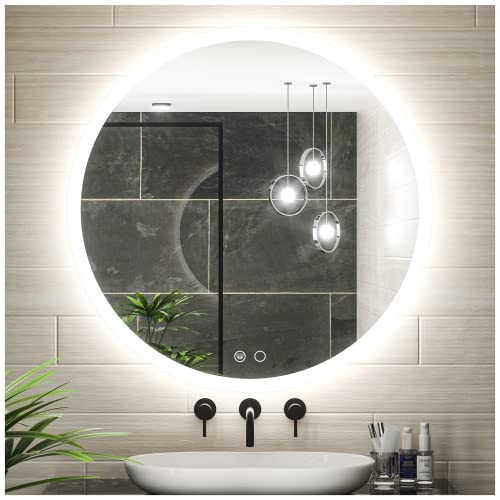 Keonjinn LED Round Mirror 28 Inch Bathroom Vanity Mirror with Lights Anti-Fog Circle Wall Mounted Mirror Dimmable Lighted Makeup Mirror