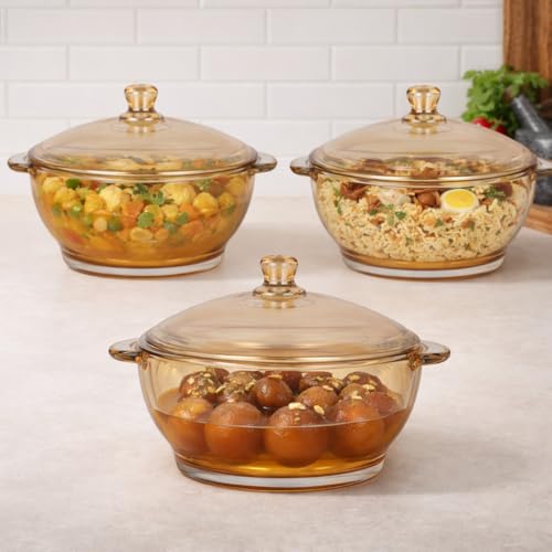 Image of Brown Glass Casserole Deep Round 1000 ML - Oven and Microwave Safe Serving Bowl with Glass Lid (2 Pc, Brown - B)