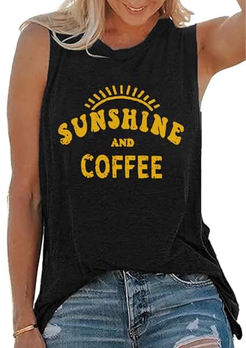 Cuptacc Tank Top Damen Sommer Rundhals Locker Kaffee-Buchstabenmuster Ärmellose Tshirt Atmungsaktiv Freizeit Top Damen Schwarz Groß L 42-44