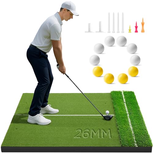 Golfguru Golf Mat 5x4ft-26mm Thickened Dual Turf Golf Hitting Mat with Alignment Aid, Dense Elite Mats Practice Outdoor Indoor, Chipping Training Matt for Backyard Garage Driving Simulators