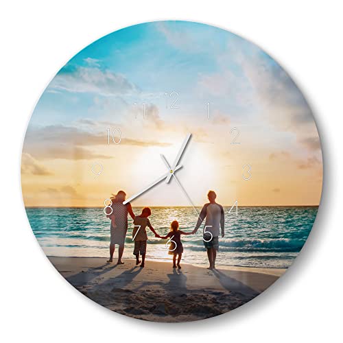 DEQORI Reloj de cristal personalizado con foto, redondo, 50 cm de diámetro, números en negro, imagen propia, reloj de diseño grande XXL de cristal, silencioso, para salón y cocina, moderno reloj de
