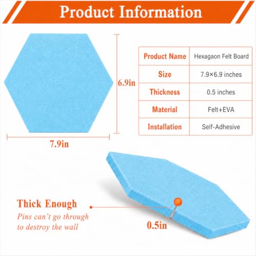 Image of Quiet Canvas Hexagon Pinboard, 1x1 ft, Pack of 8, 50 PushPins, (Blue)
