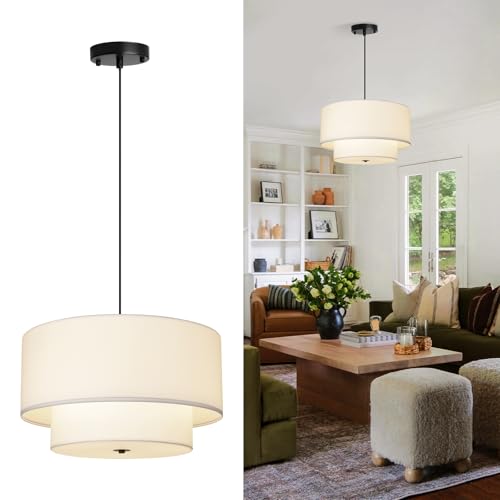 HILUXIA 18" Drum Fabric Pendant Light, Large Modern Hanging Ceiling Chandelier Fixture with Dual Layer Fabric Shade, Ideal for Dining Room, Living Room, Bedroom, and Kitchen by HILUXIA - Used condition - US$59.99