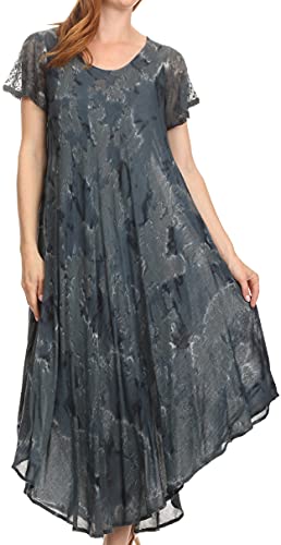 Sakkas 16800 - Sayli Long Tie Dye Cap Sleeve Embroidered Wide Neck Caftan Dress/Cover Up - Ink Blue - OS