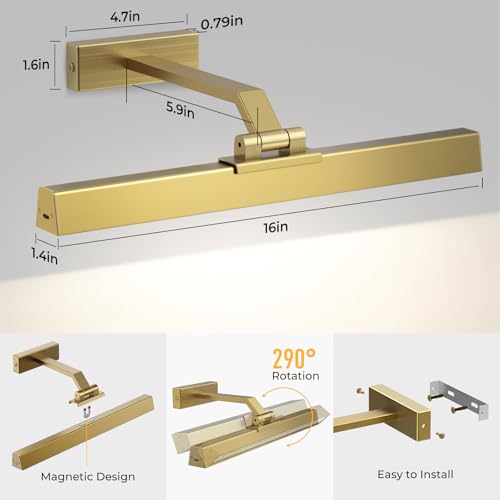 Image of Afyuol Picture Lights for Wall, Brushed Gold Battery Operated Picture Light 16in Art Light CCT Dimmable Recharging Battery Wall Light with Remote Control for Living Room Gallery 2PCS