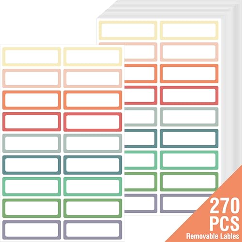 270 PCS Removable Labels, 9 Colors Self-Adhesive Rectangular Stickers Water/Oil/Tear Resistant for Food Containers, Freezer, Kitchen, Files, Jars, Pantry Storage, Office, Bathroom, School (15 Sheets)