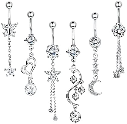 Kakonia 6Pcs Belly Button Bars for Women Stainless Steel Cubic Zirconia Navel Rings Belly Button Piercing Jewellery 14G