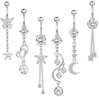 Kakonia 6Pcs Belly Button Bars for Women Stainless Steel Cubic Zirconia Navel Rings Belly Button Piercing Jewellery 14G