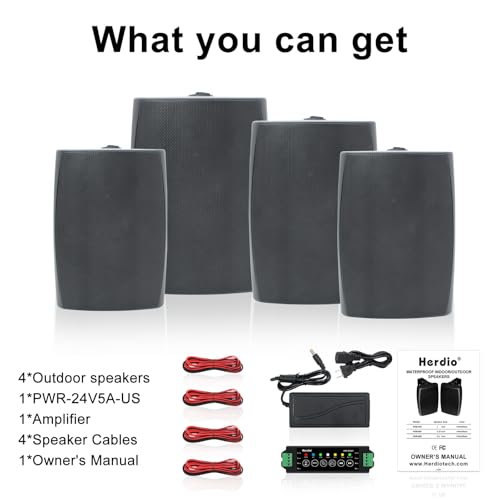 Herdio 6.5 Inch 800W Outdoor Speakers Bluetooth Wired Waterproof with Multifunctional Amplifier, Wall Mount Speakers for Patio Home Poolside Deck Backyard (4 Passive Speakers,Black) by Herdio - Image 9