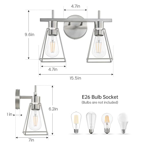Image of Industrial Bathroom Vanity Lights: 2 Light Silver Brushed Nickel Vintage Metal Cage Wall Lamps - Rustic Farmhouse Light Fixture Over Mirrors Cabinet for Home Hallway