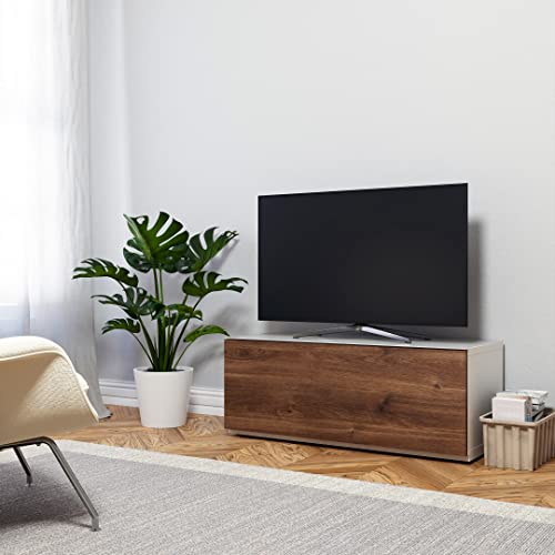 Image of SONOROUS ST-110 Premium TV Stand with White Glass & Walnut Wood Cover - Modern Entertainment Center & Media Console for Living Room - TV Cabinet up to 65 Inch with Hidden Wheels - Sleek Storage Design