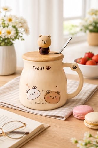 Image of Coffee Mug, Gift for Woman, Birthday Present for Girlfriend, Present for Wife Birthday, Mugs for Present, Holi Gifts, Panda Mug with Lid & Spoon (Cute Bear)