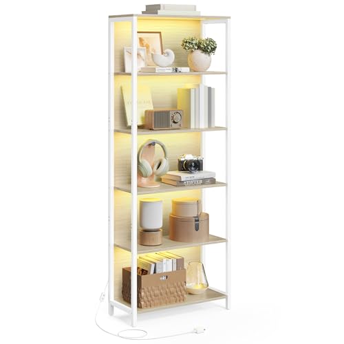 VASAGLE Estantería de 6 Niveles con Luz LED, Librería con Luces Ajustables, Marco de Acero, 30,3 x 60 x 178,6 cm, para Sala de Estar, Dormitorio, Oficina, Beige Natural LLS120LL01