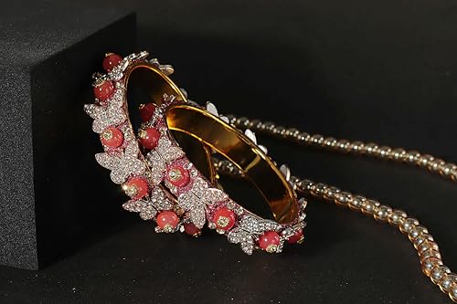 Image of LAVAZZA Stylish Butterfly Design Golden Metal with Zircon Diamond & Pearls Moti Bangles Kada For Women & Girls | Traditional Girl's Bangles Bracelet | Women's Kangan Wedding, Party-Set of 2