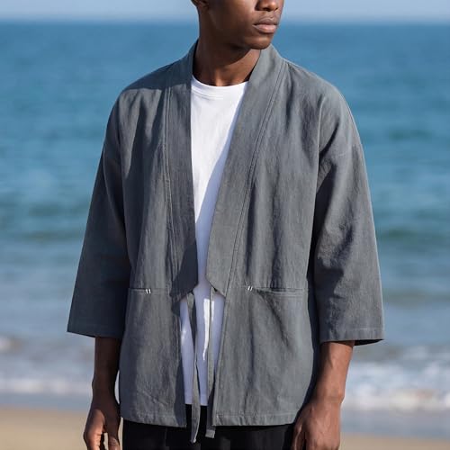 Image of Haseil Men's Kimono Cardigan Japanese Jackets Casual Cotton 3 /4 Sleeve Shirt Open Front Coat Lightweight Linen Outwear
