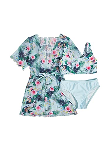 WDIRARA Toddler Girl's 3 Pieces Tropical Print Bikini Swimsuit with Belted Cover Up Kimono