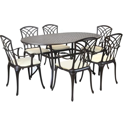 CHARLES BENTLEY Metal Black Cast Aluminium 7 Piece Garden Furniture Table Patio Set With Cream Cushions, For Outdoors, With Central Hole For Parasol, Weatherproof, Bronze, Armchairs (153x90x89cm)