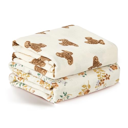 Image of insular Muslin Swaddle Blankets for Boys Girls, 2 Pack Receiving Baby Blanket Large 47 x 47 inches, Soft Breathable Swaddling Wrap for Unisex Newborn, Teddy Bear&Floral
