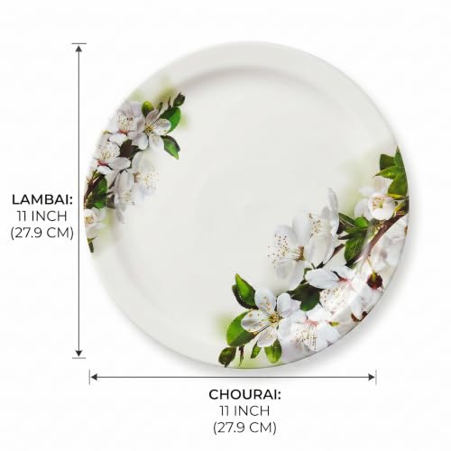 Image of Melamine Dinner Plates | Round Full Plate | Microwave Safe | Break Resistant | Plates for Breakfast, Lunch, Dinner | Plates for home, Office, Restaurant | Set of 6 | 11 Inch's (green flower)