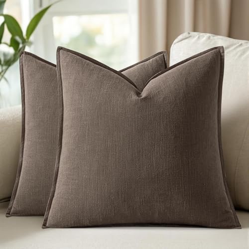 Image of Decorative Linen Solid Throw Pillow Covers 20x20 Inch Set of 2 Coffee Boho Accent Farmhouse Pillows Modern Neutral Home Decor for Couch Sofa Living Room Bed