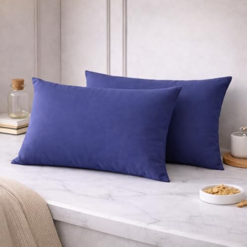 Image of THE HOME STYLE Solid Plain Cotton Feel Fitted Bedsheet (72x78 inches) with Reversible Comforter (90x100 inches) | King Size | 2 Pillow Covers | 300 TC | 4-Piece Bedding Set (Blueberry)