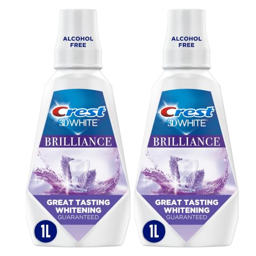 Crest 3DWhite Brilliance Alcohol Free Whitening Mouthwash, Value Twin Pack, 2 x 1L (33.8 fl oz) Bottles, Whiter Teeth in 7 Days, Freshens Breath, Peroxide Free, Clean Mint Flavor
