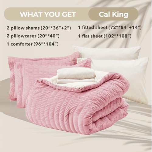 Image of HYMOKEGE Pink /Ivory California King Comforter Set Seersucker 7 Pieces, All Season Luxury Bed in a Bag for Bedroom, Bedding Set with Comforter, Sheets, Pillowcases & Shams
