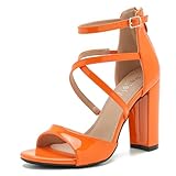 Peijely Women's Formal Strappy Sandal High Chunky Block Heel Ankle Strap Zip Up Heels Orange Patent 46 - insole length: 28cm/11.02 inch - US 12