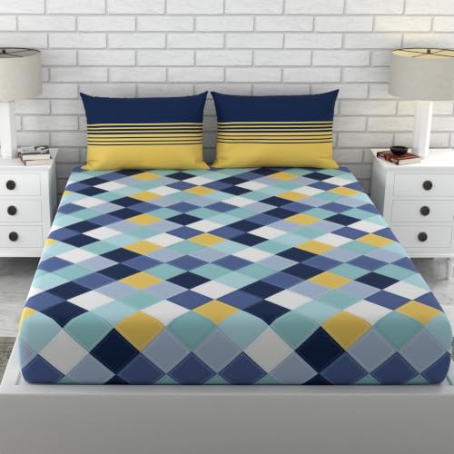 Image of LORETO - A QUALITY LINEN BRAND 144 TC 100% Pure Cotton King Size Fitted Bedsheet with 2 Pillow Covers for 72 x 72 Inch Mattress, All-Around Elastic, 8 Inch Deep Pocket, Vivid Blue and Yellow Checkered
