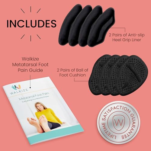 Image of Walkize Metatarsal Pads & Anti Slip Heel Pads for Women & Men | Ball of Foot Cushions & Heel Grips | Shoe Inserts for Pain Relief, Blister Prevention & Comfort (2 Pairs Each, Black)