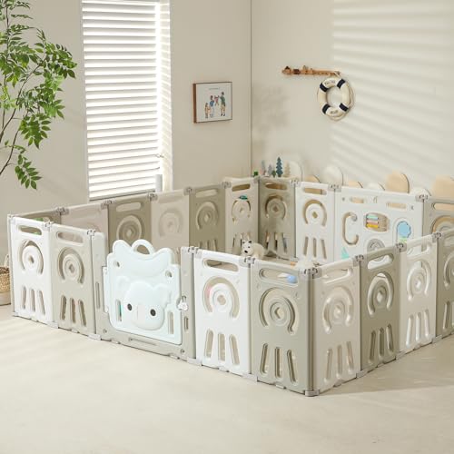 Image of IFLETH Foldable Koala Playpen for Toddlers, 22 Panel Large Baby Play Yard, Portable Baby Fence - Grey & White