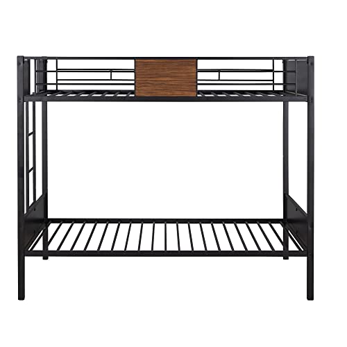 Harper & Bright Designs Metal Bunk Bed Twin Over Twin, Heavy Duty Twin Bunk Bed With Built-In Ladder For Kids Boys Teens Bedroom, Dorm, Easy Assembly With Enhanced Guardrail, Black+Mdf #TOP3