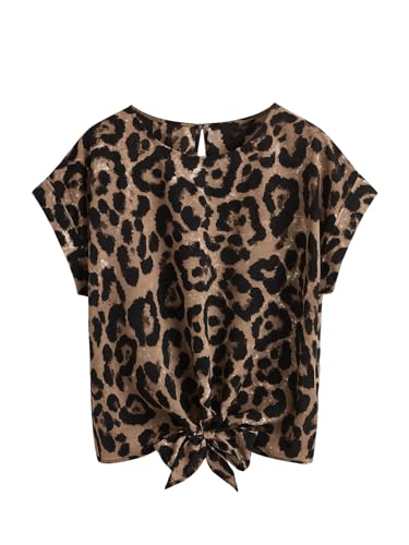 MakeMeChic Women's Leopard Print Blouse Tie Front Crew Neck Cap Sleeve Tie Front Summer Casual Top