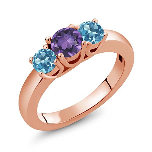 Gem Stone King 18K Rose Gold Plated Silver Wedding Jewelry Bridal Ring 4.66 Ct Round Purple Amethyst Swiss Blue Topaz