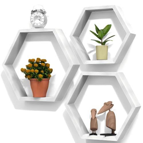 CADUKE Hexagon Floating Shelves Set of 3 White Wooden Hexagon Shelves for Wall Decor Modern Honeycomb Floating Hanging Shelf Decorative Wall Organizer for Living Room Bedroom Bathroom