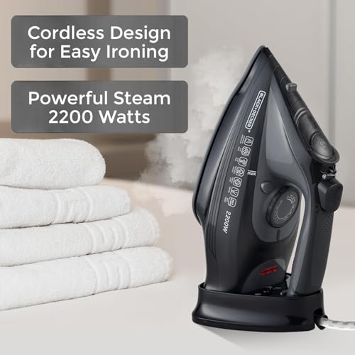 Image of Black+Decker Cordless Steam Iron,2200W,Quick Wrinkle-Free Ironing,Ceramic Sole,Powerful 30gm /min steam output|350 ml water tank|Anti-Calc,Anti-Drip & Auto Shut Off|2 Yr warranty(Black)